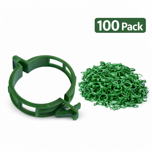 100 pack green plastic plant support clips for tomato vines and garden trellis