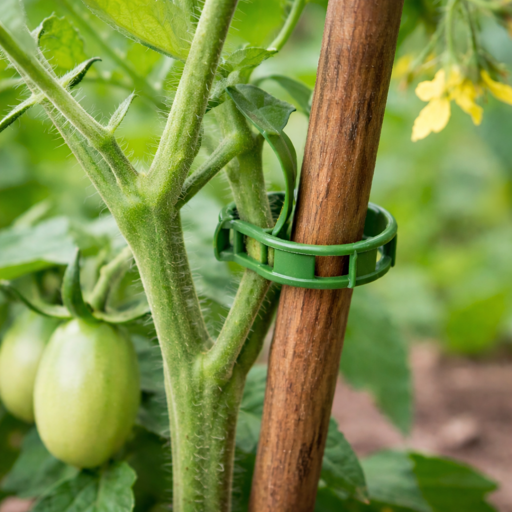 Green plastic plant support clip holding tomato vine to wooden garden stake