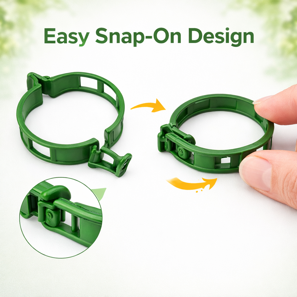 Green plastic plant support clip showing open and closed snap-on locking mechanism