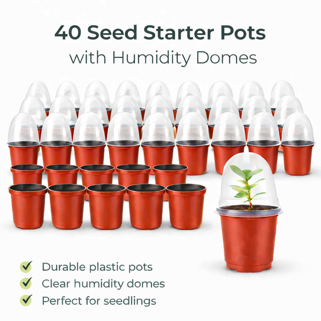 40 seed starter pots with humidity domes on a white background