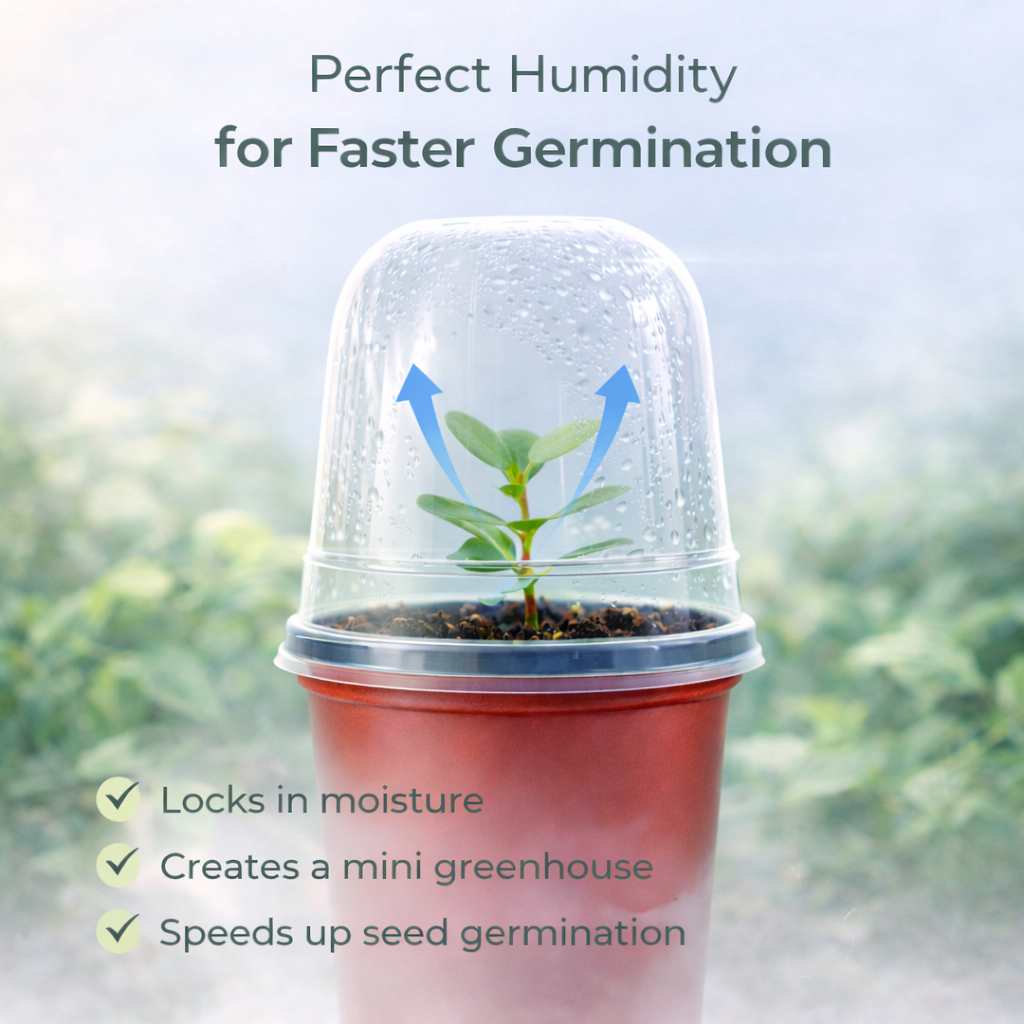 Clear plastic dome over a container with a seedling, highlighting humidity control for faster germination.