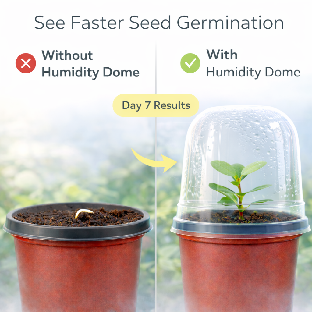 Comparison of seed germination with and without a humidity dome, showing a plant with a humidity dome on the right.