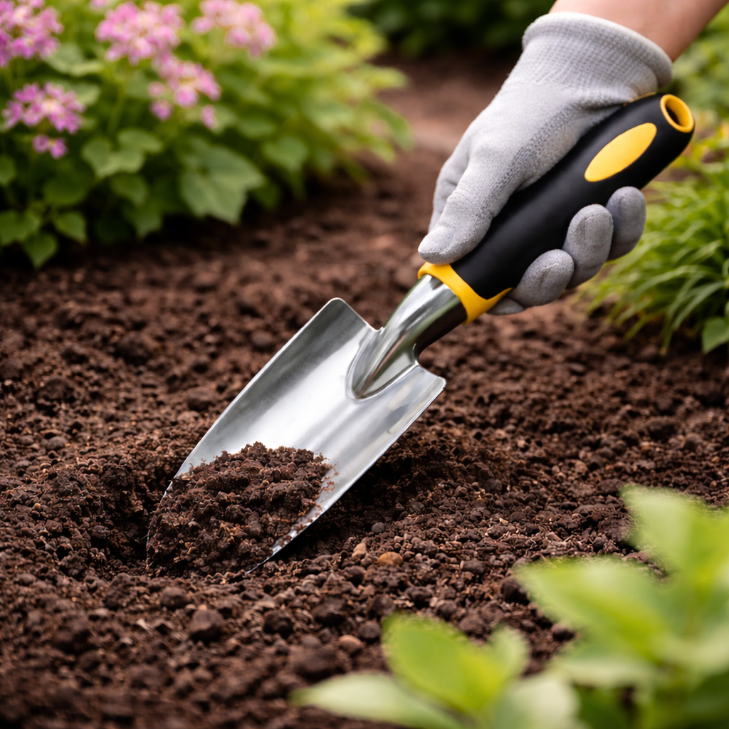 Person gardening with a trowel in soil, surrounded by plants and flowers.