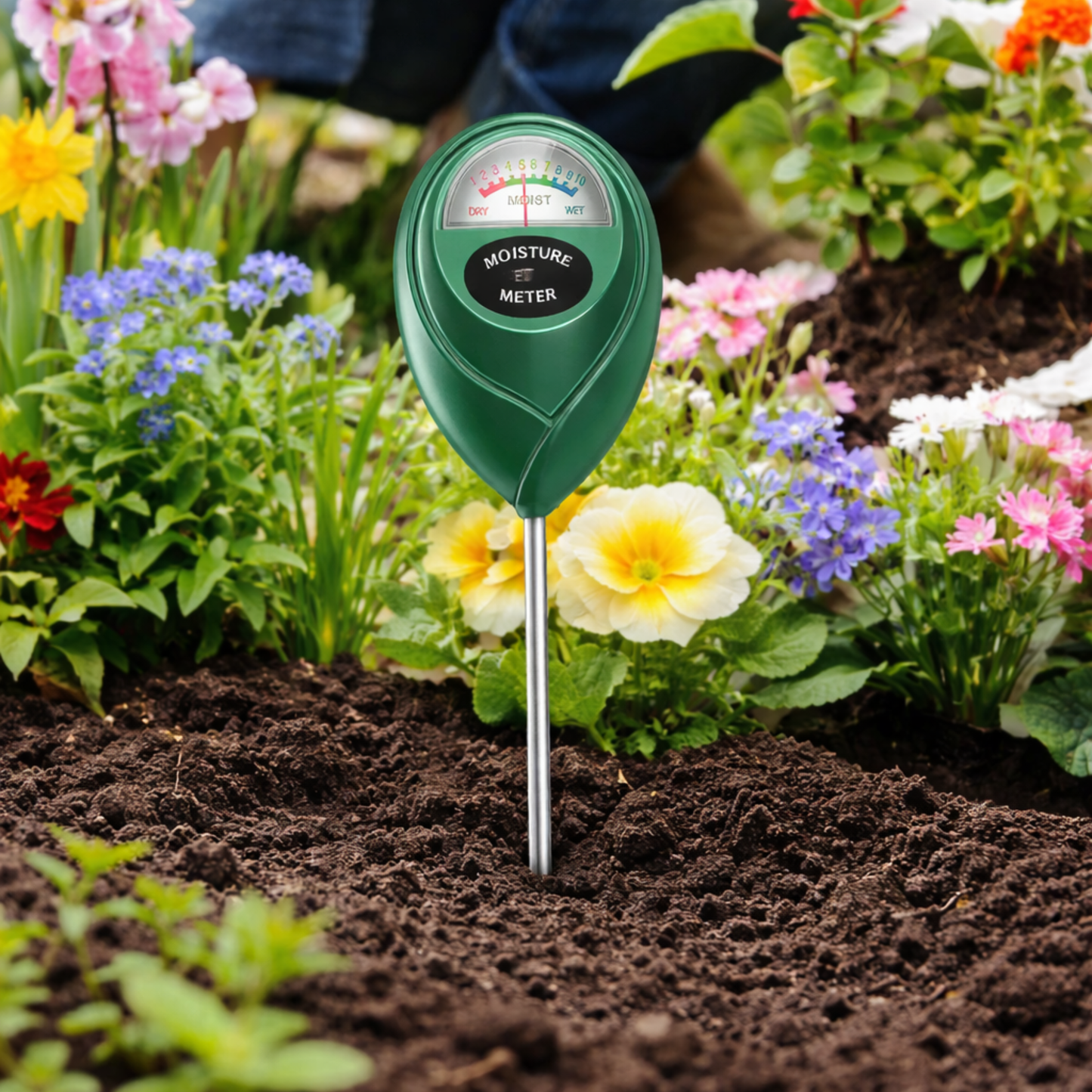 Moisture meter in garden soil with flowers in the background