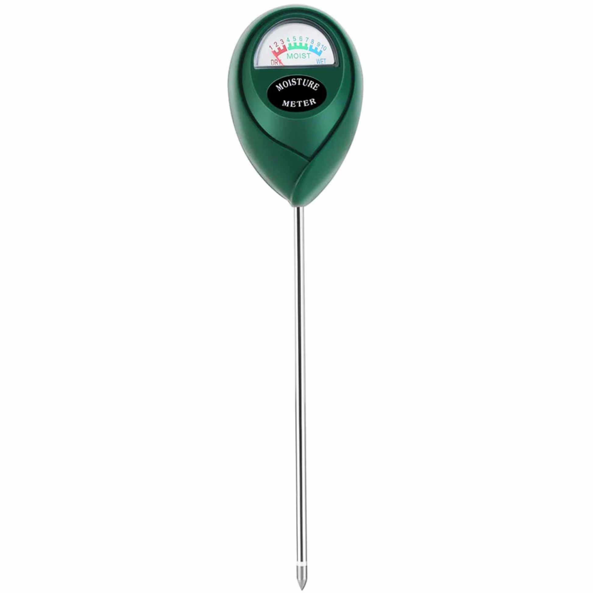 Green moisture meter with a silver probe on a white background