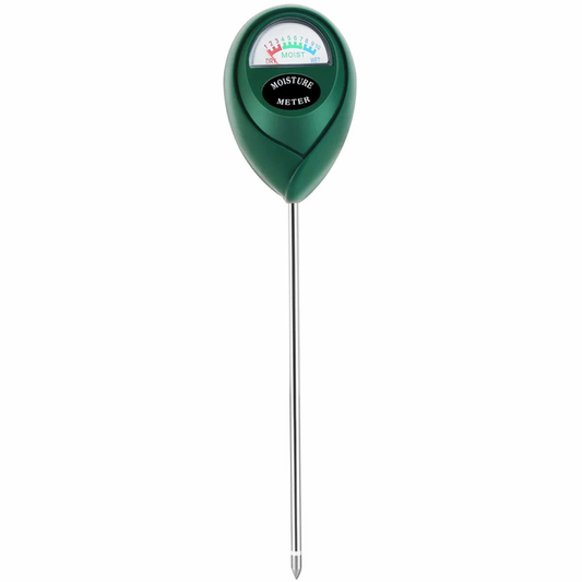 Green moisture meter with a silver probe on a white background