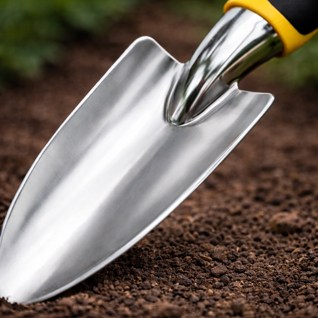 Gardening trowel with a yellow handle on soil