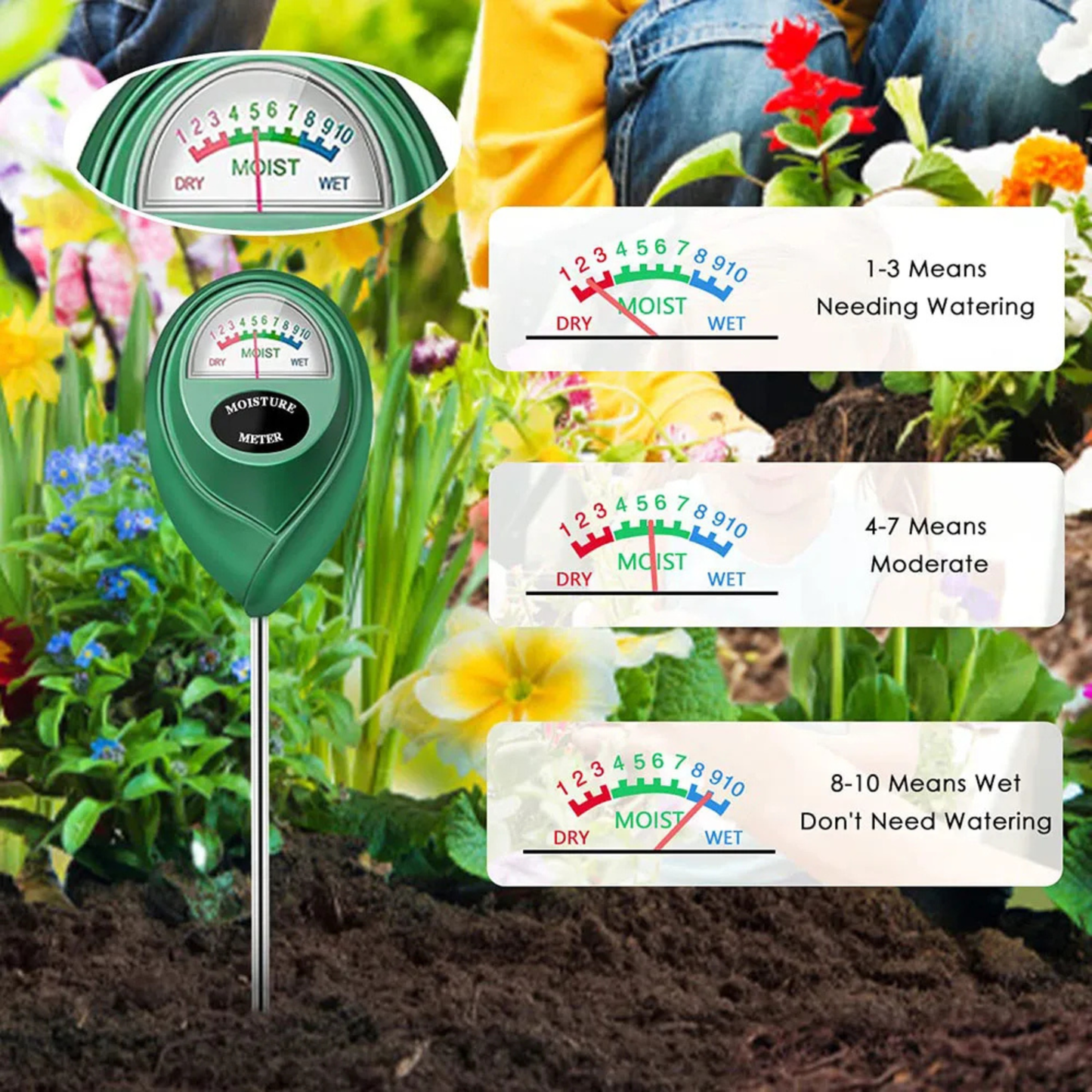 Green soil moisture meter with labeled readings in a garden setting