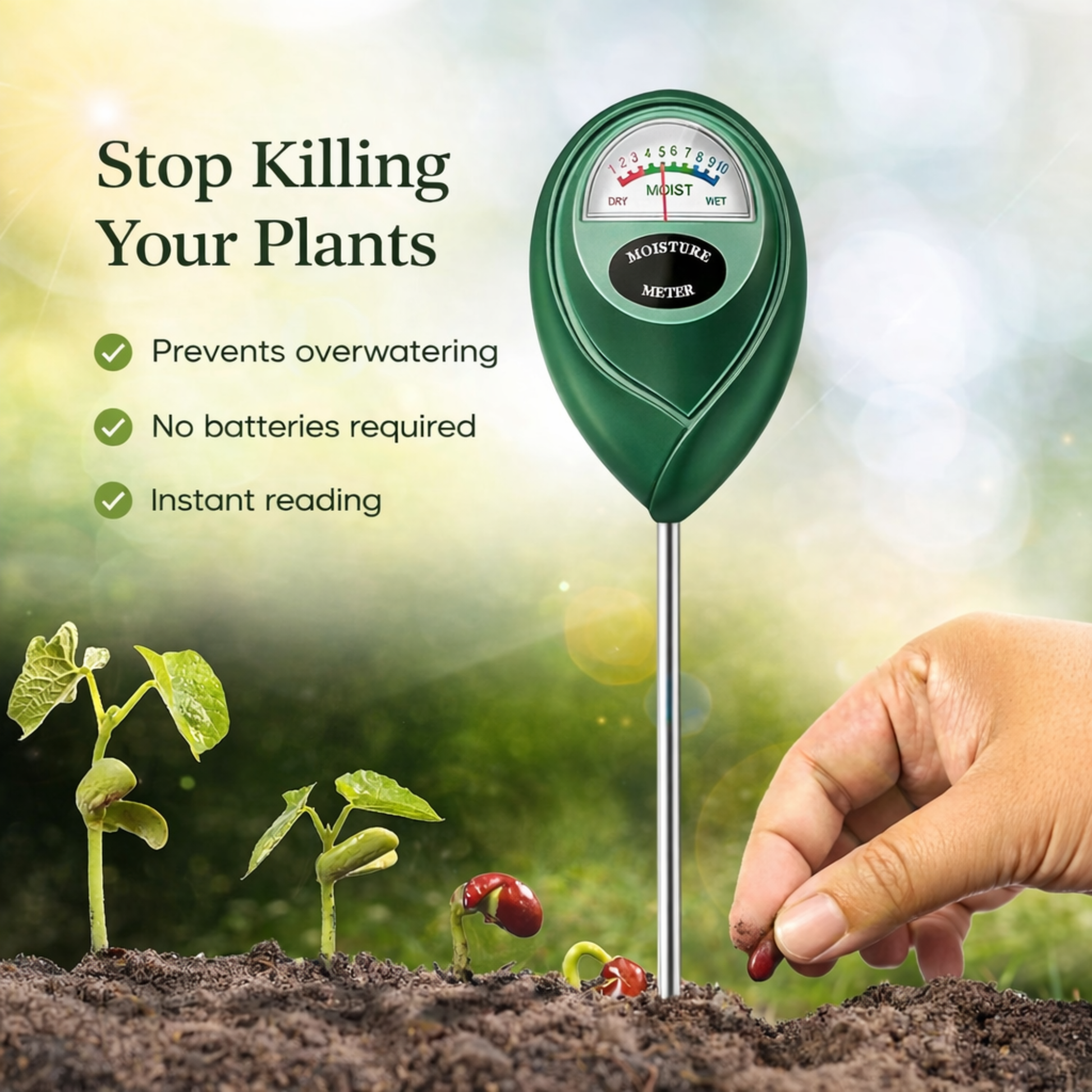 Moisture meter for plants with a hand using it and text about its benefits.