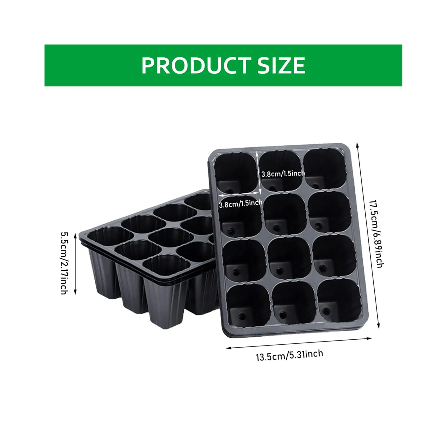 Two black plastic seedling trays with dimensions labeled on a white background.